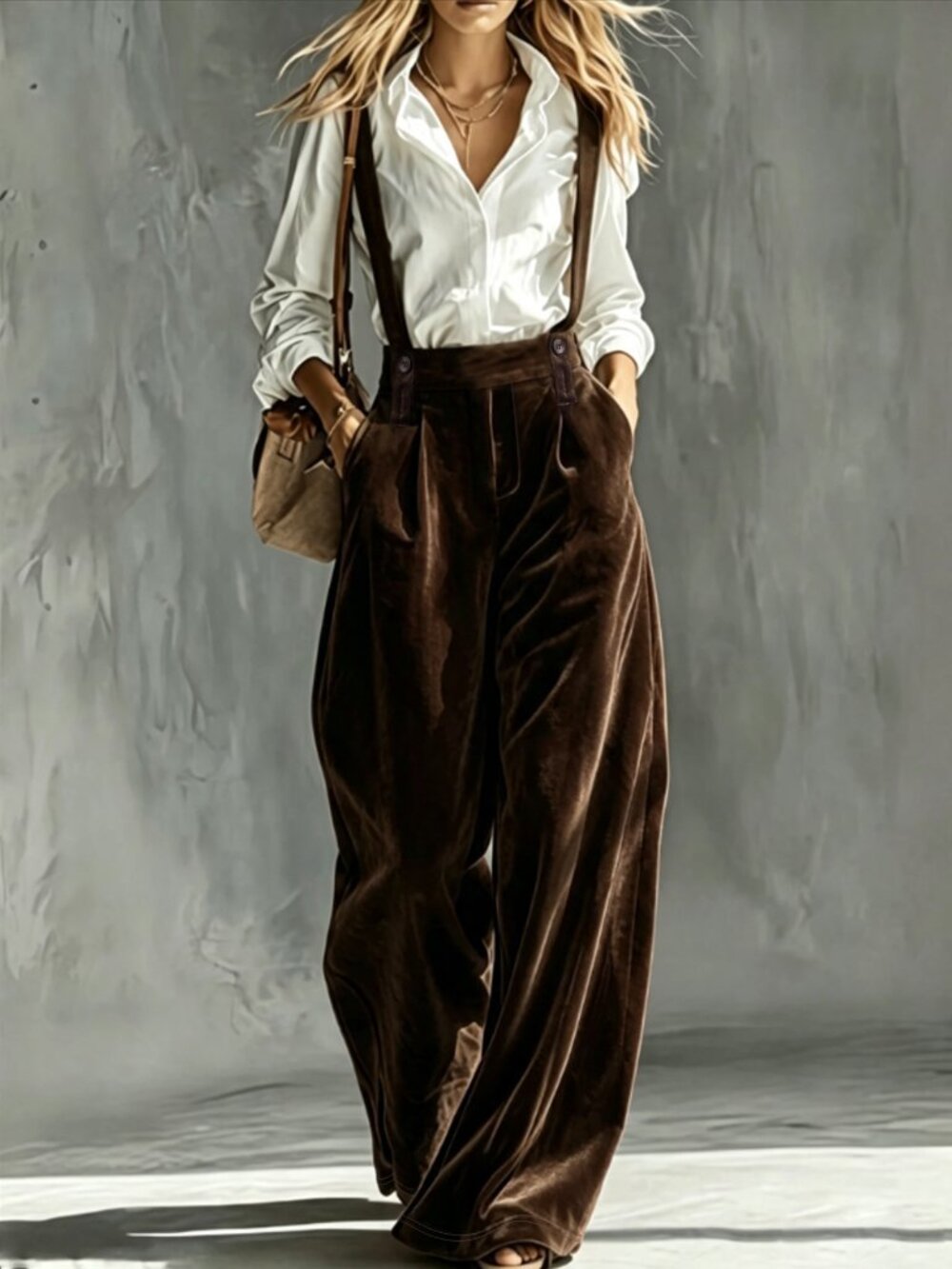 Coffee Brown Elegant Women's Velvet Jumpsuit With Pockets And Adjustable Straps